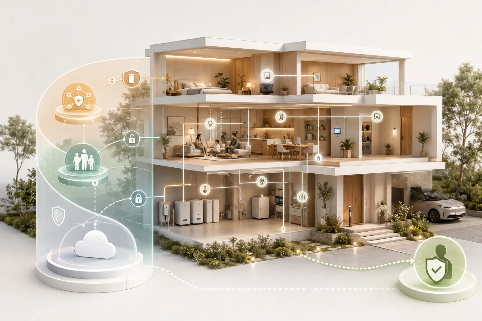 Šviesus individualios MetaCore Namai sistemos pjūvis: privati MetaCloud bazė, šeimos topologija, saugios API jungtys, namų įrenginiai ir žmogaus patvirtinimas