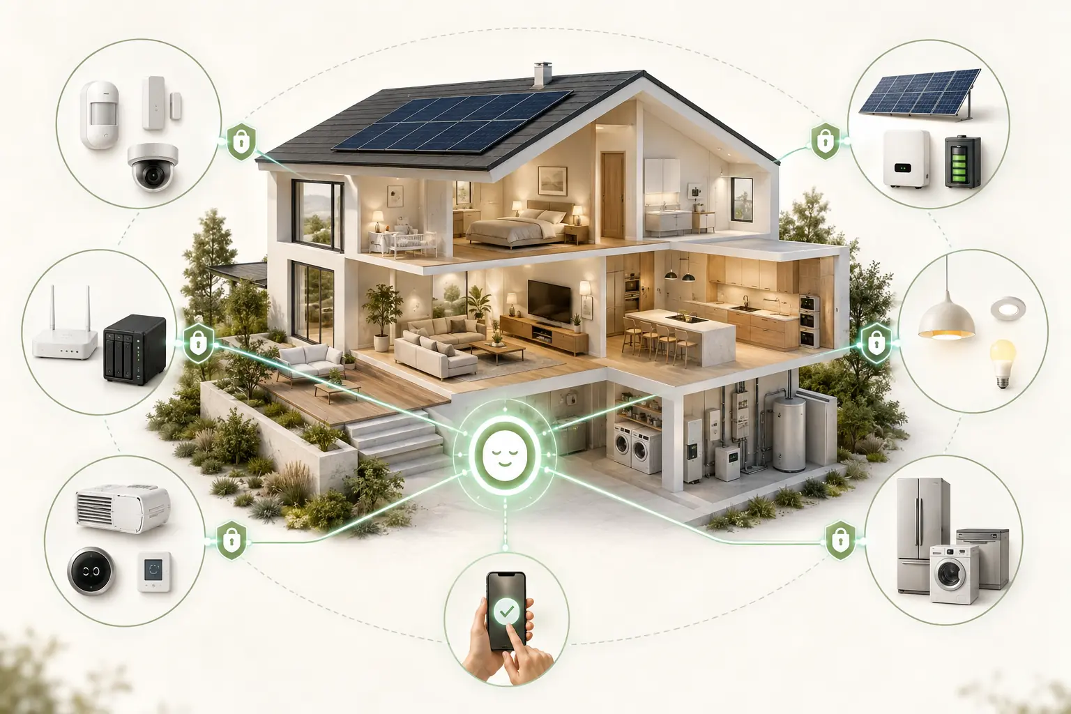 Šviesus šeimos namo infrastruktūros modelis: tinklas, apsaugos jutikliai, klimatas, energija, apšvietimas ir buitiniai įrenginiai prijungiami prie MetaCore Persona tik per atskiras leidimų ribas ir žmogaus patvirtinimą